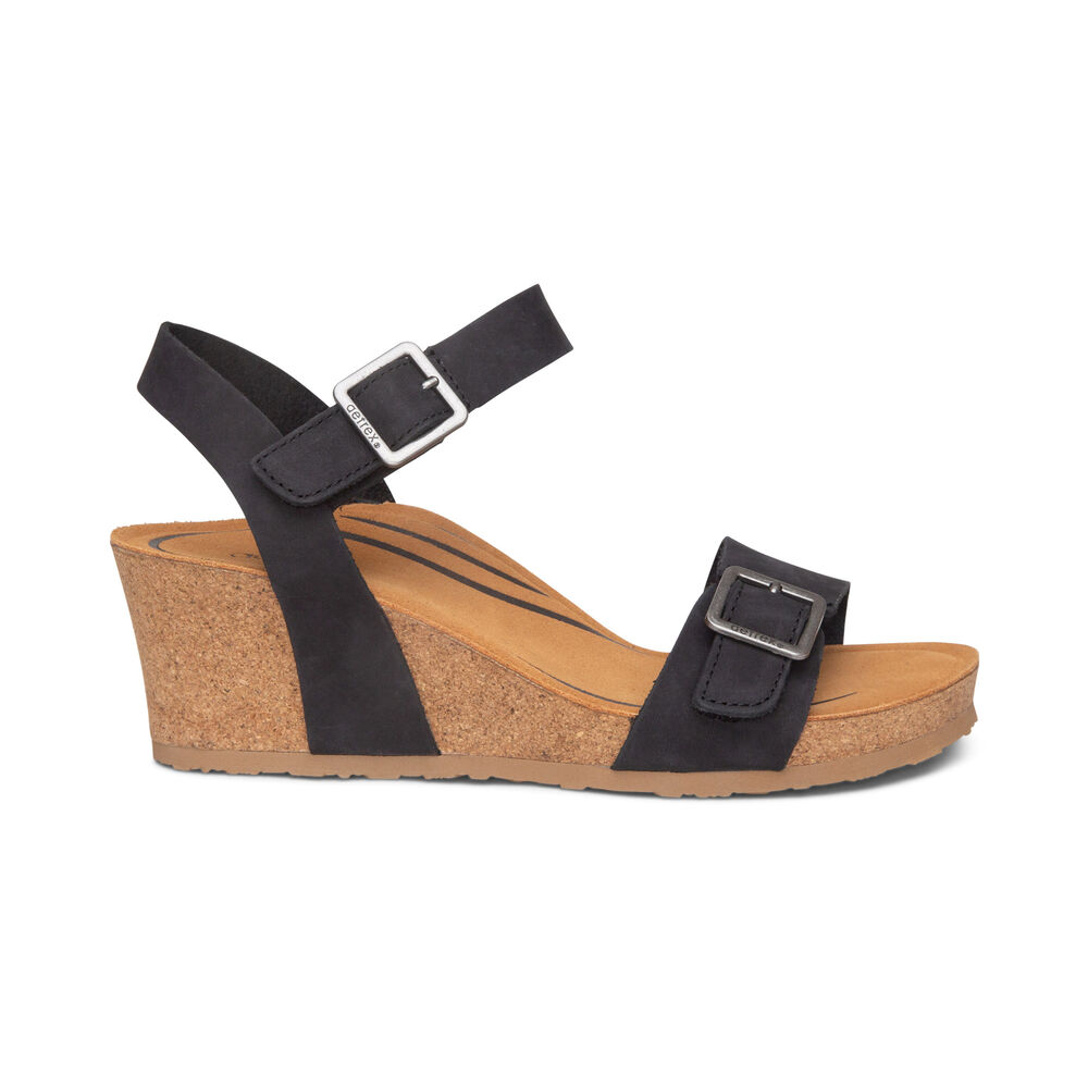 Aetrex Women's Lexa Quarter Strap Wedge Sandals - Black | USA 1TU8RBU